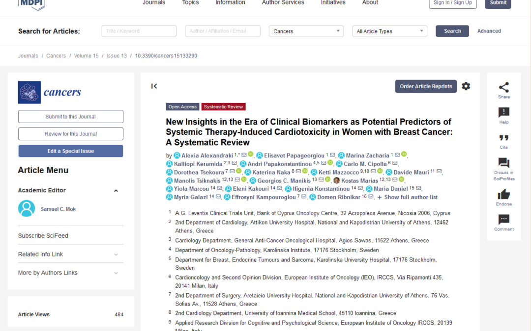 New review paper on clinical biomarkers as potential predictors of systemic therapy-induced cardiotoxicity in women with Breast Cancer